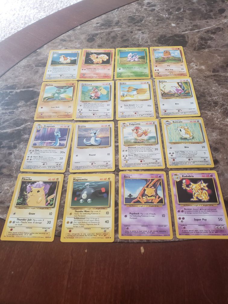 Pokemon base set cards, non holo, dragonair, kadabra, pikachu, machop,