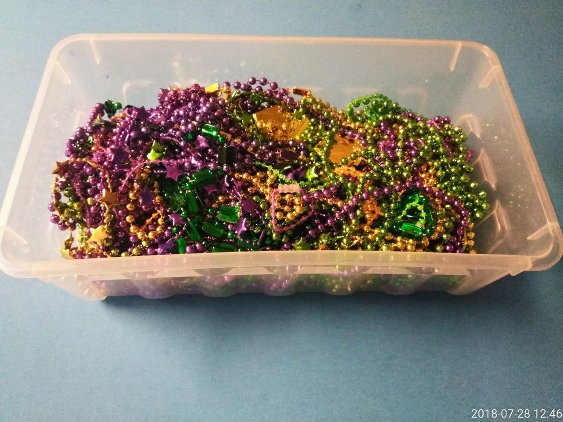 Tub of Mardi Gras party beads