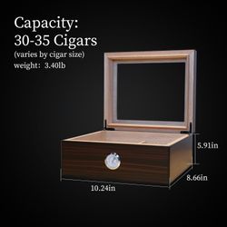 Desktop Cigar Humidor Box Ebony Wood Grain Finish Glass Top Display with Hygrometer Holds 20 - 25 Cigars