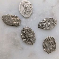 Russia 1700s Peter The Great Silver Wire Money Kopeks Lot of 5 Authentic Coins