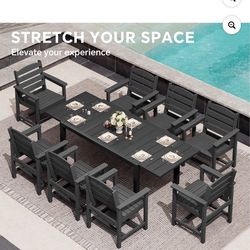 New in box SERWALL 9-Piece Outdoor Dining Set with Expandable Patio Dining Table and 8 Chairs, 60–83 Inch All-Weather HDPE Patio Furniture Sets for Ba
