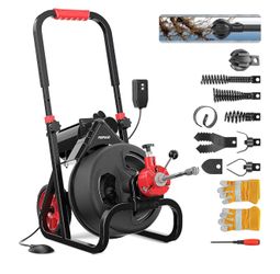 75 ft x 1/2” Electric Sewer Drain Snake Auger with 8 Cutters and 1 Root Killer 2-4 inch Pipes Auto Feed Plumbing Drain Cleaner Machine