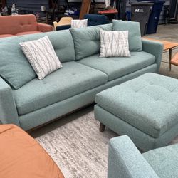 MCM Style Teal 88" Sofa, Chairs, Ottoman