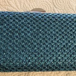 Teal Woven Metallic Clutch with Resin and Gold Chain