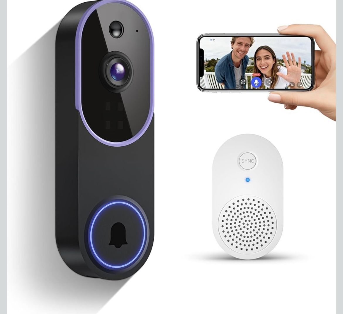 Smart 1080p Video Doorbell Camera with Doorbell Receiver, Live View, AI Human Detection, 2-Way Audio, Night Vision, Cloud Storage (Sold Separately), 2