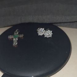 Diamond earrings, Cross pendant Emerald  