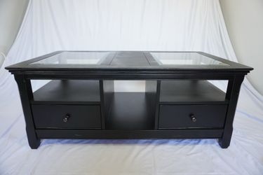 Modern Black Coffee Table – Glass Top, 2 Drawers, Freshly Refinished