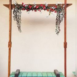 Wedding wood arbor, arbor flower decorations, chair/pew flower decorations