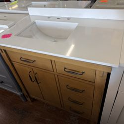 Bellington 36 in. Single Sink Almond Toffee Bath Vanity with White Engineered Stone Top