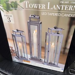 Candle tower lantern Evergreen LED Tapered Candle All Steel Frame Tower Lantern, Pack of 3 Grey Metal-selling for $47 On Walmart,  Priced To Sell Bran