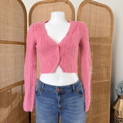 Garage Pink Fuzzy Sleeve Cropped Cardigan - Medium 