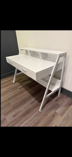 Modern White Computer Desk with Hutch & Storage - Like New