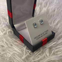 New Sterling Silver Genuine Blue Topaz With White Sapphire Earrings