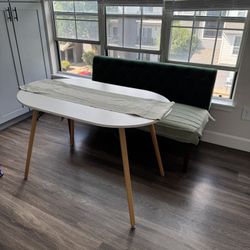 White Dining Table + Green Couch