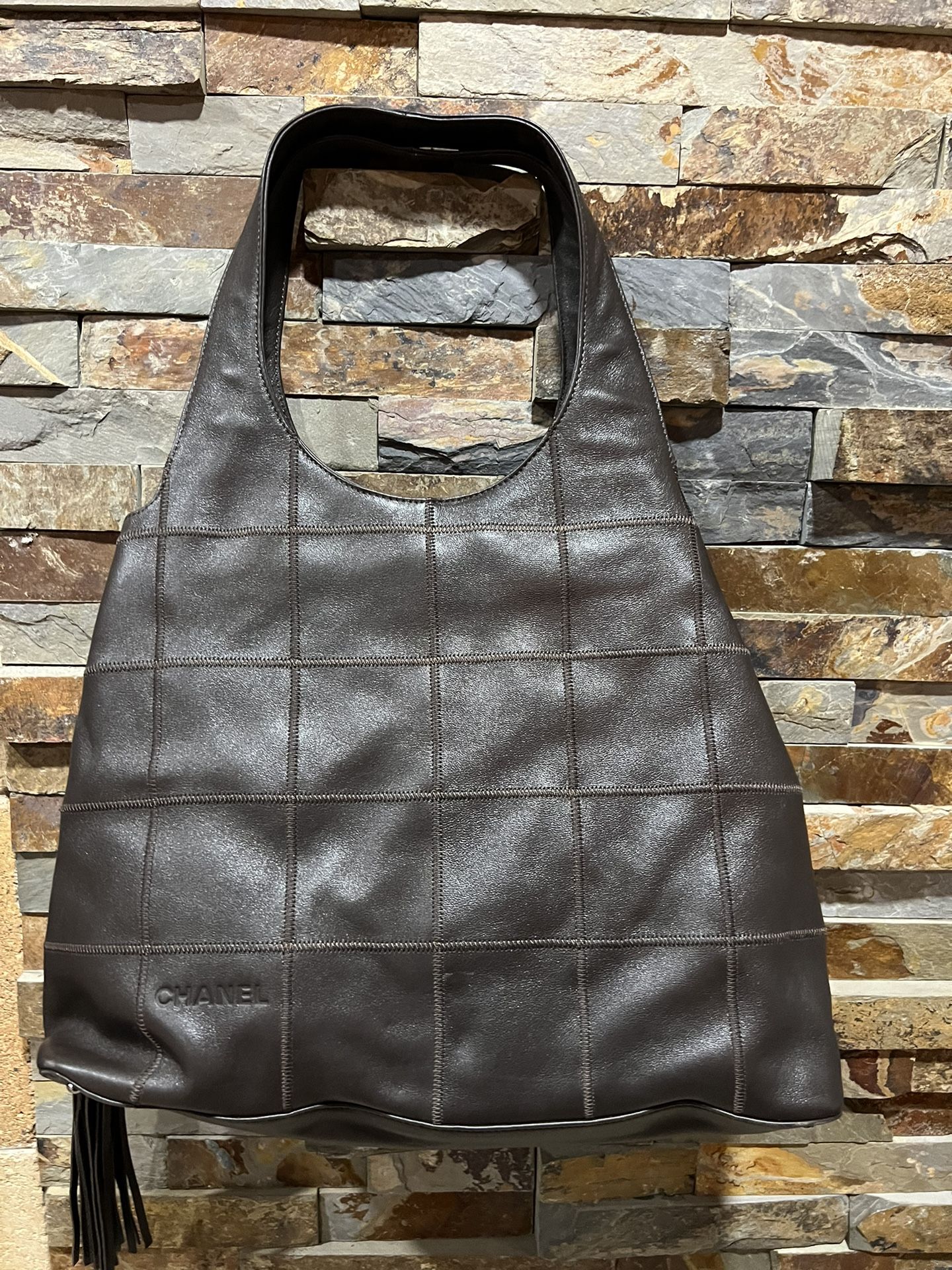Vintage Chanel Tote Leather Bag Large Size Extra Long Tassel
