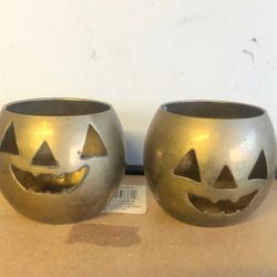 Pair of Vintage Brass Halloween Pumpkin Tea light Candle Holders 