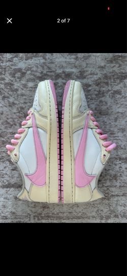 For sale is a pair of “Shy Pink” Travis Scott Jordan 1 Lows in a men’s size 9. The sneakers are pretty clean overall, with minimal wear as shown. Snea