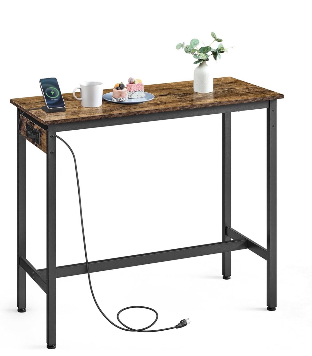 VASAGLE Bar Table, Narrow Long Kitchen Dining Table with Charging Station, Sturdy Metal Frame, Indus