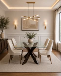 Modern Dining Table: Tempered Glass and Walnut Wood Base