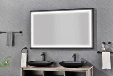 New in Box 84x48 in LED Wall Mount Mirror Oversized Black Framed Anti-Fog Dimmable