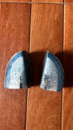 Blue crystal geode pair bookend metaphysical home decor