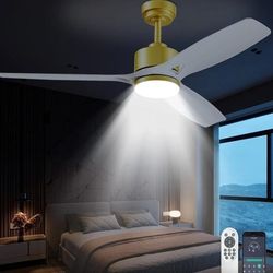 52 Inch Ceiling Fans with Lights and Remote Control - Outdoor Indoor Flush Mount Low Profile White Gold Ceiling Fans for Living Room,Bedroom,Patio.  D