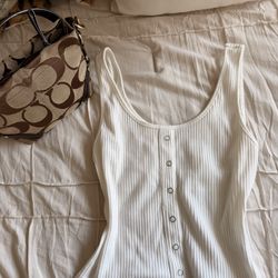 Miss Me White Ribbed TankTop W/button Details 
