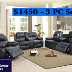 Brand New 3PC Reclining Sofa Loveseat Chair Set 