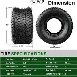 😀 TRIPOWER 22x9.50-10 Lawn Mower Tires - 22x9.5x10 Turf Tire for Zero Turn Riding Lawnmower Golf Cart and Lawn Garden Tractor, Durable, 4PR Tubeless