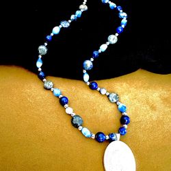 Shades of Blue Lapis lazuli Silver Pendant Necklace With FREE BRacelet!