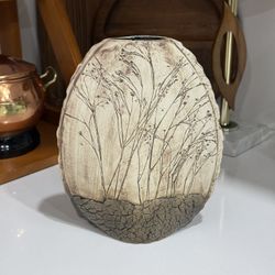 Vintage Tenmoku Handmade Incised Pottery Brown Trees Roots in Ground Vase