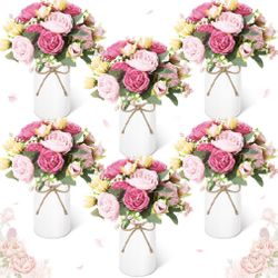 Domensi 6 Sets Wedding Floral Centerpiece for Table Decor, Artificial Peonies Silk Flowers Bouquet with Flower Foam and Metal Vase Faux Floral Arrange