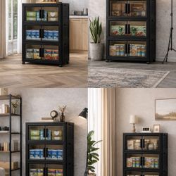 Plastic Storage Cabinet & Snack Cabinet - Stackable, Collapsible Organizer with Doors, Foldable Design for Pantry, Kitchen, Office, Clear Plastic Stor