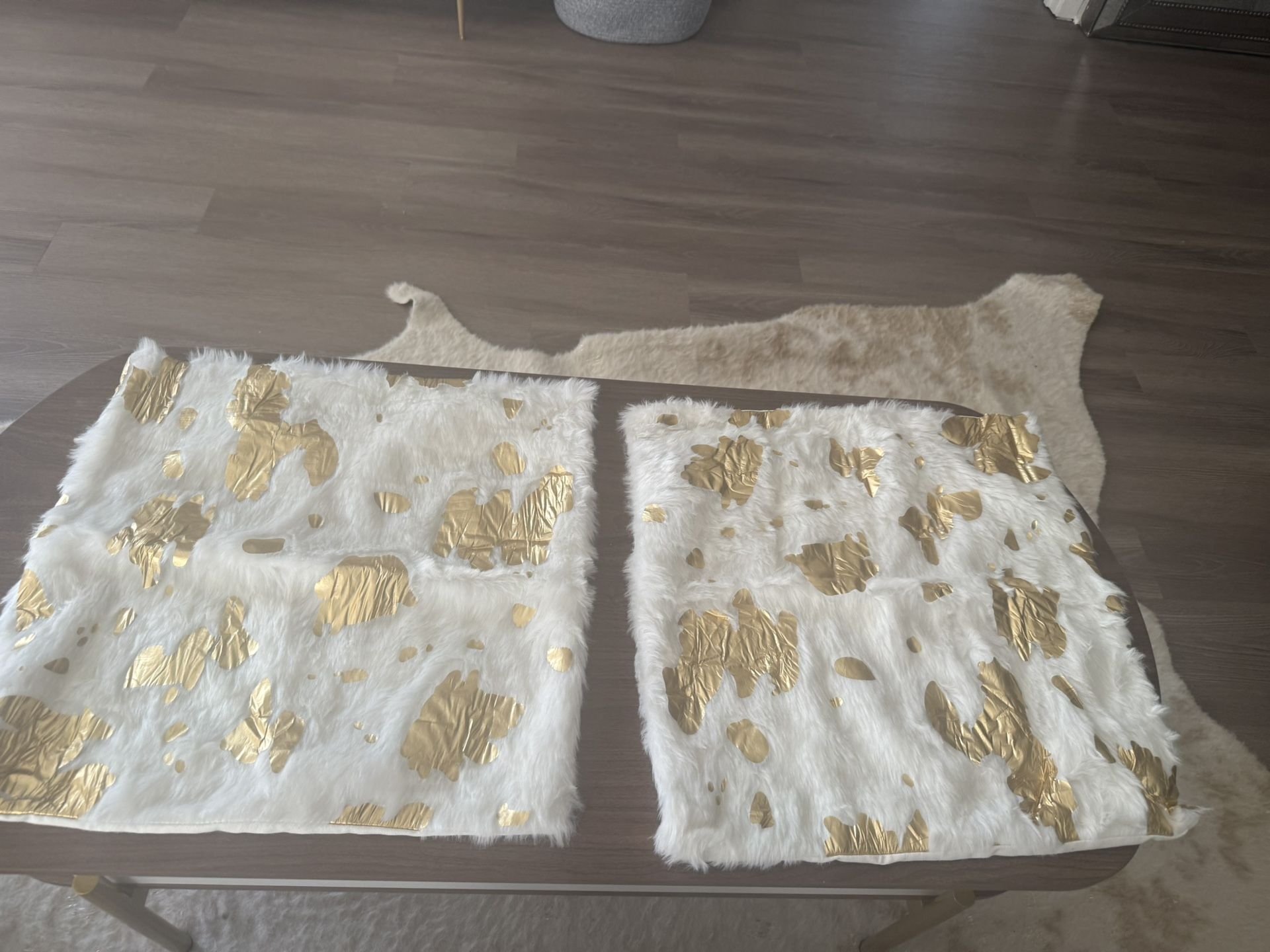 White and Gold Faux Cowhide Animal Print Pillow Covers Set