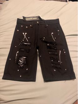 Road Narrows NYC Black Paint Splatter Distressed Denim Shorts