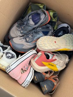 Box of Shoes bundle lot athletic running sneakers trainers Altra Converse Nike Salomon Teva