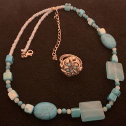 18”turquoise Beaded Necklace And SilverTone Ring With Turquoise Beads,by Avon,size 7-9