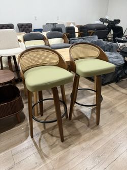 30" Swivel Rattan Bar Stools Set of 2 Mid-Century Modern Faux Leather Upholstered Bar Height Stools Kitchen Island Barstool with Rattan Low Backrest,W