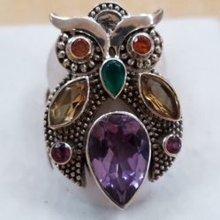 Sterling Silver and Gemstone Owl Ring