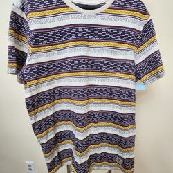 O’Neill Men’s Striped T-Shirt Large L Standard Fit Purple Yellow White Cotton