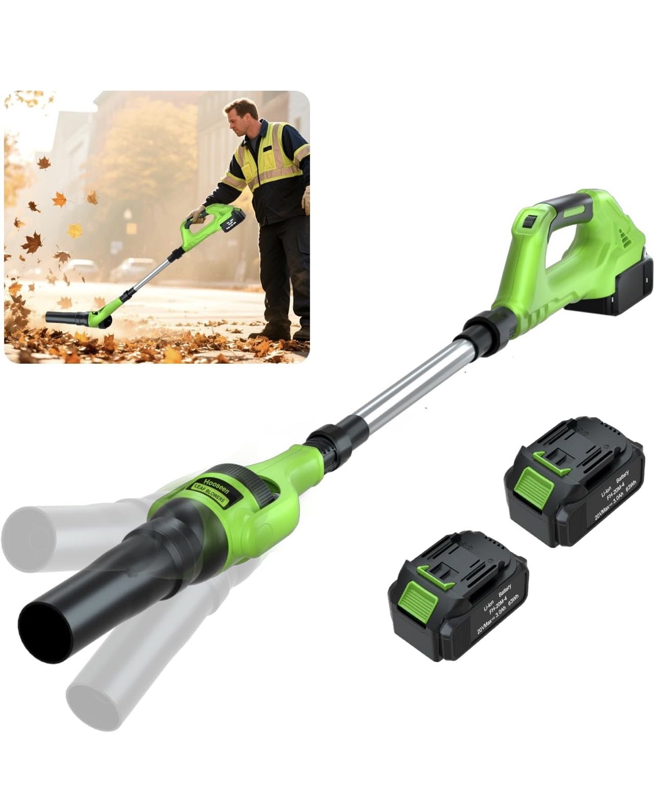Brandnew Leaf Blower Cordless, 21V Electric Leaf Blower Cordless with 2 Batteries, Adjustable 300° Multi-Angle Rotation Nozzle 3 Speed Modes 500CFM/18