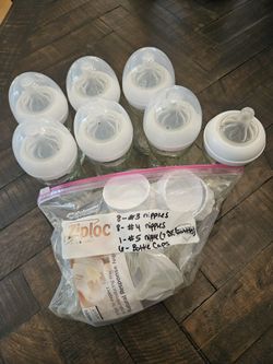 Philips Avent 8oz Glass bottles (7), size 3/4/5 nipples, and caps