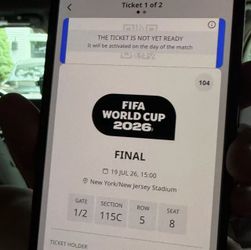 Fifa World Cup Final. Game 104, section 115C. New Jersey/NJ. Category 1. 2 tickets together.