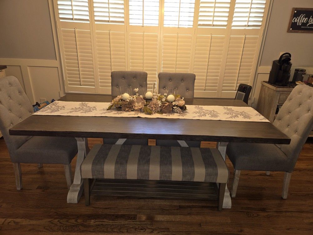 Farmhouse Dining Set / Dining Table W/ Matching Hutch /Sidebar / 4 chairs & Bench