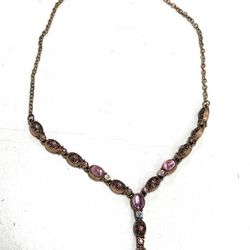 Vintage AVON Pink Glass Stones & Copper Tone Metal Chain Necklace - Y-Drop - 22”