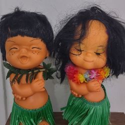 10" Pair Hawaiian Hula Doll Cute Grass Skirt Flower Long Hair