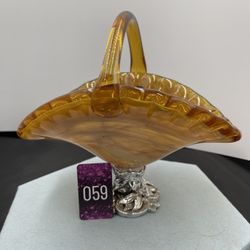 Murano Art Glass Basket With Floral Silver Tone Base