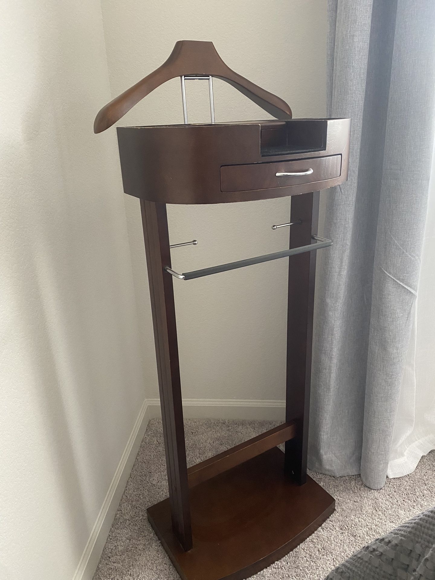 Valet Stand with Drawer Wardrobe Valet Wood Suit Valet Rack Freestanding Contour Hanger Trouser Shoe Rack Tie & Belt Stand Organizer 