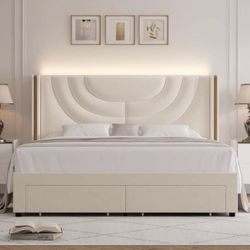 O46 $300  Queen Size Upholstered LED Bed Frame with 2 Storage Drawers, Velvet Platform Bed