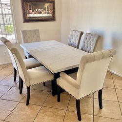 -Marble Dining Table Set With 6 Beige Tufted Chairs